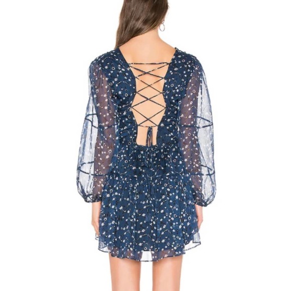 KARINA GRIMALDI Olga Mini Dress Womens Small Blue Mood Floral Lace Up - Picture 3 of 14